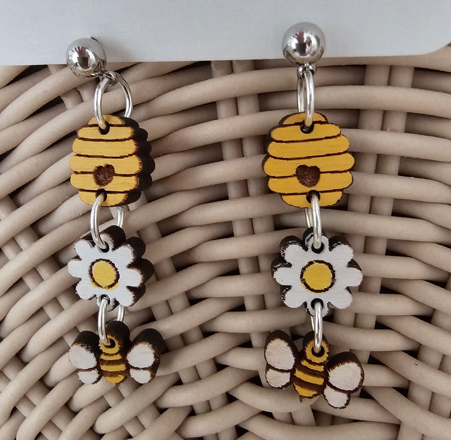 Daisy and Bees Handpainted Wooden Earrings