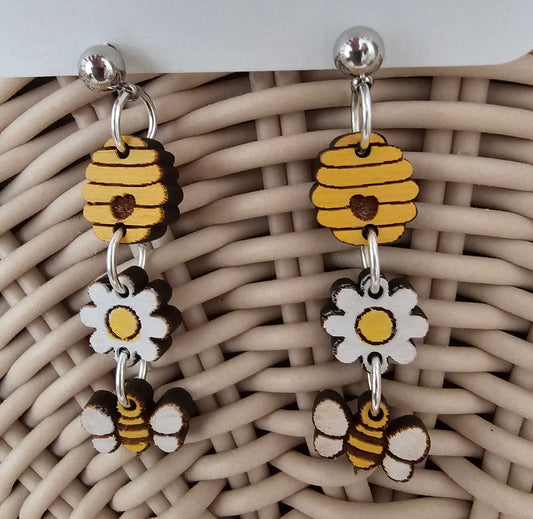 Daisy and Bees Handpainted Wooden Earrings
