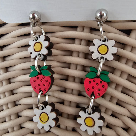 Strawberry Daisy Handpainted Wooden Earrings
