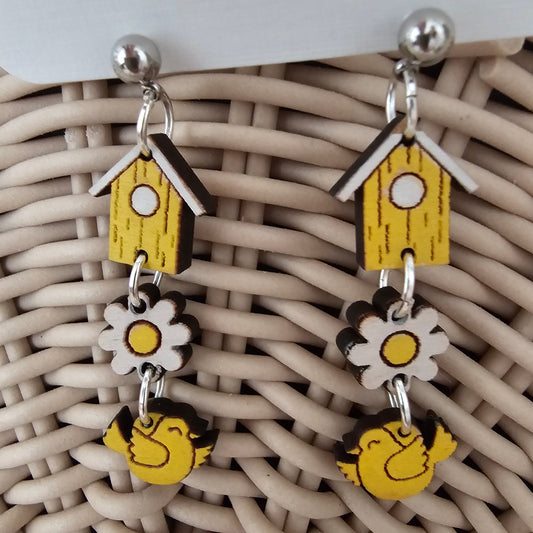 Birdhouse Daisy Handpainted Wooden Earrings