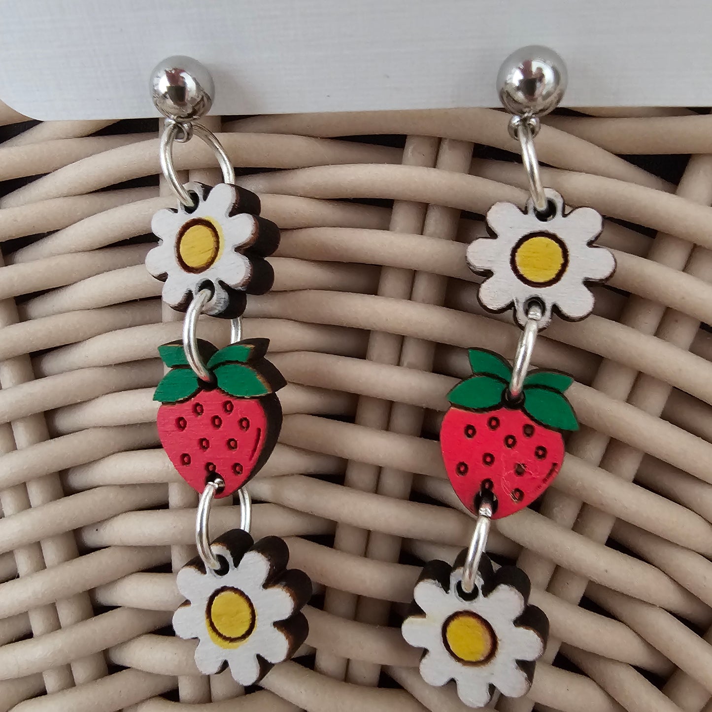 Strawberry Daisy Handpainted Wooden Earrings