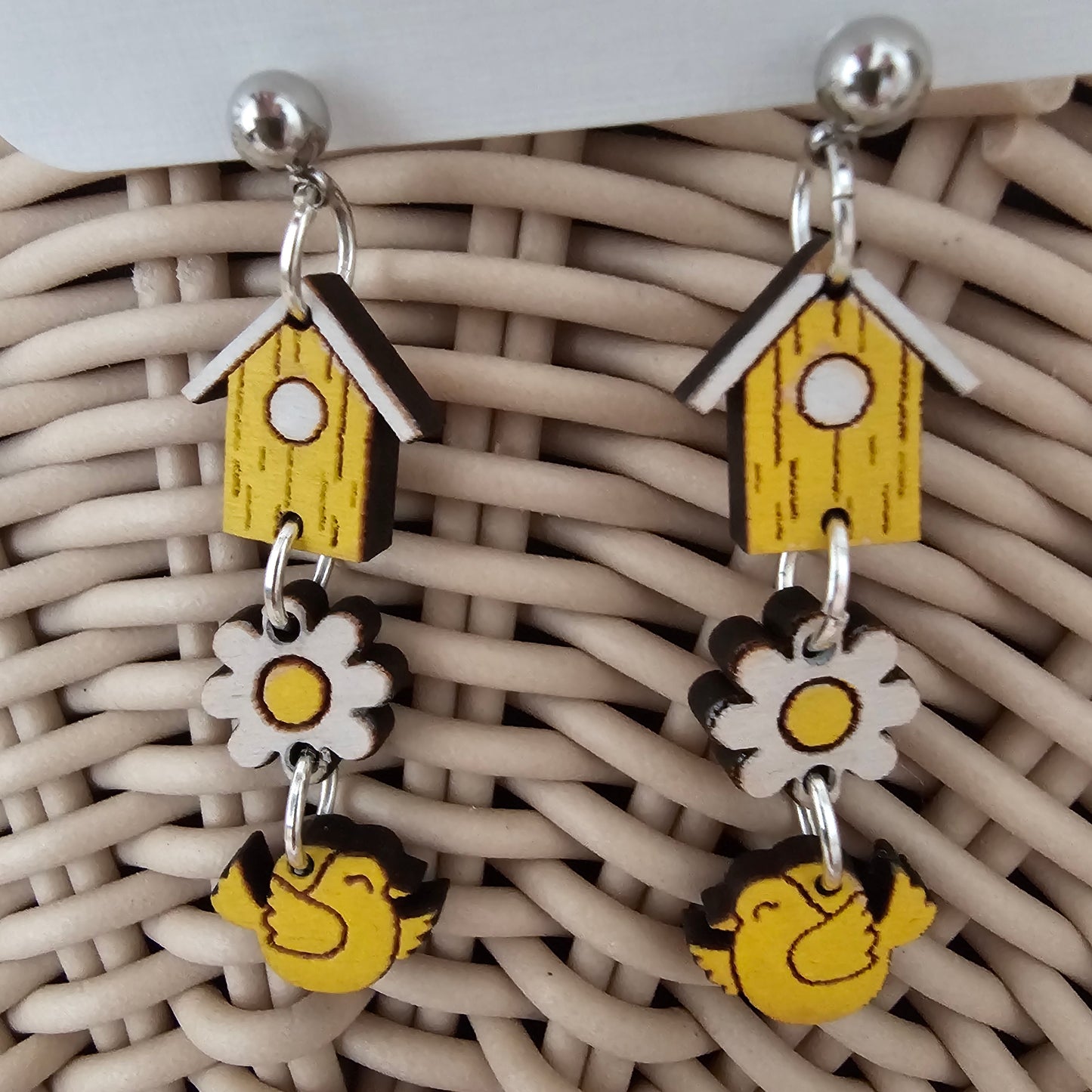 Birdhouse Daisy Handpainted Wooden Earrings